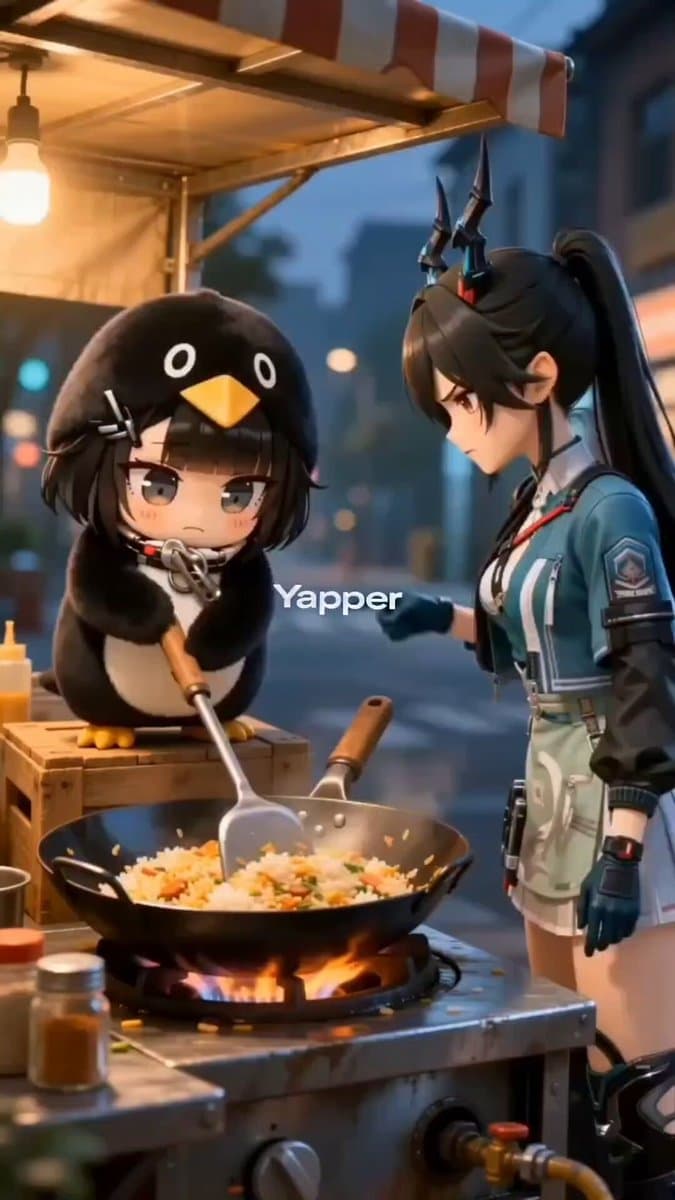 Chibi penguin girl 'Gugu Gaga' cooking with an angry expression preview