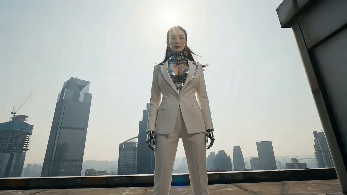 Cyberpunk Action Sequence: Elegant Female Agent Jumps from Skyscraper to Moving Car preview