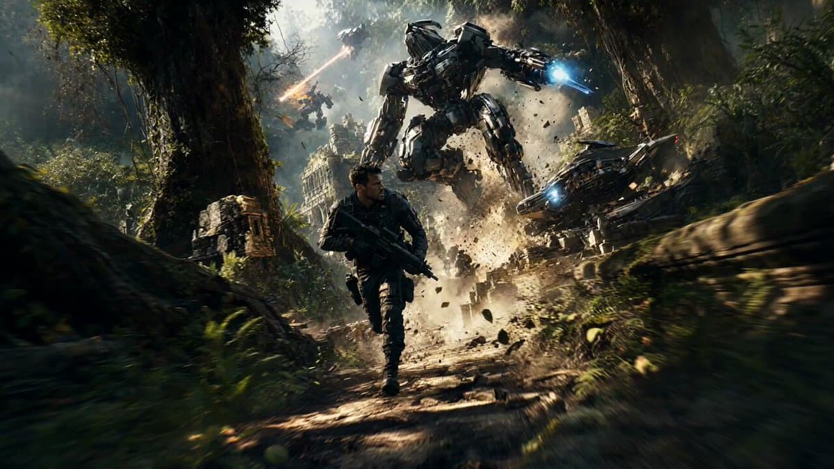 Sci-Fi Jungle Battlefield Cinematic Prompt preview