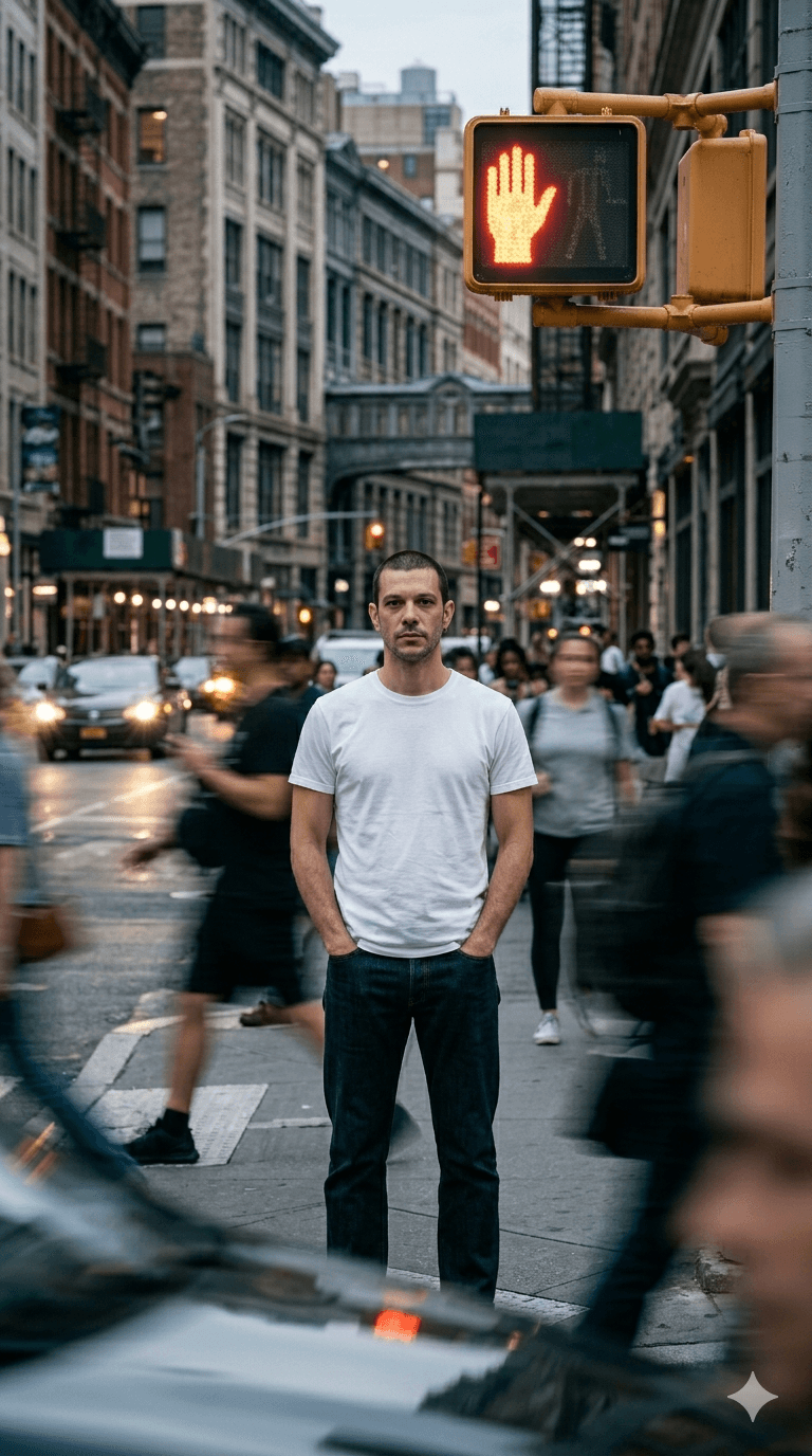 Cinematic Middle-aged Man Standing Still At A Busy City preview