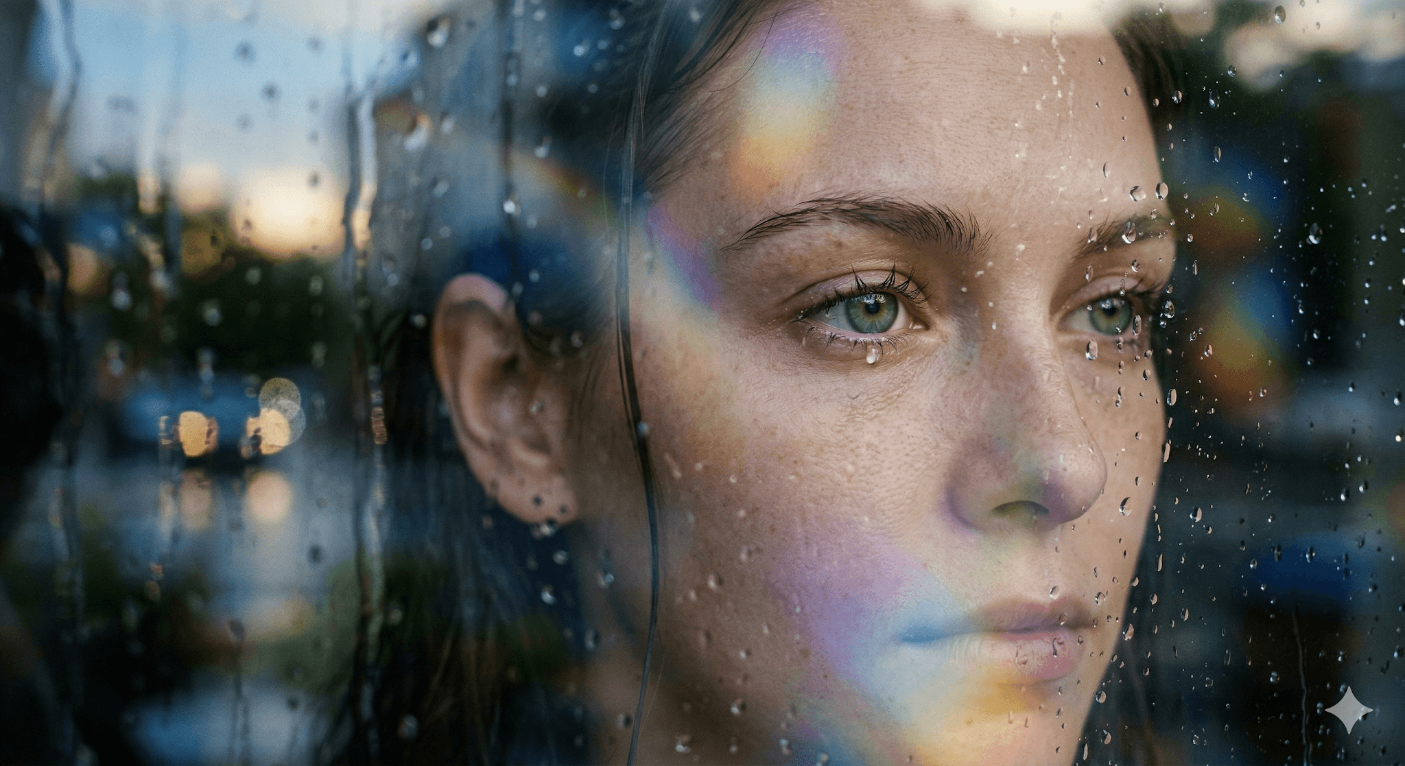 Cinematic Woman Face Behind Glass With Water Reflections And preview