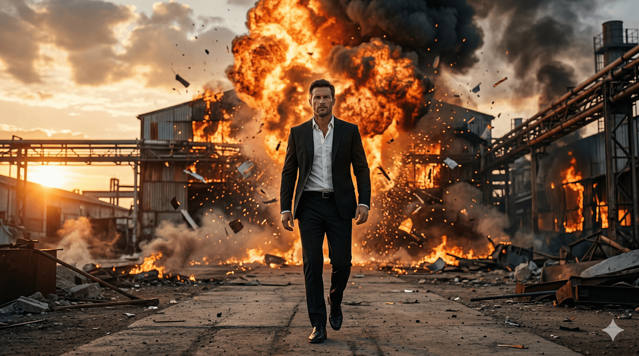 Cinematic Confident Man In Black Suit Walking Toward Camera preview