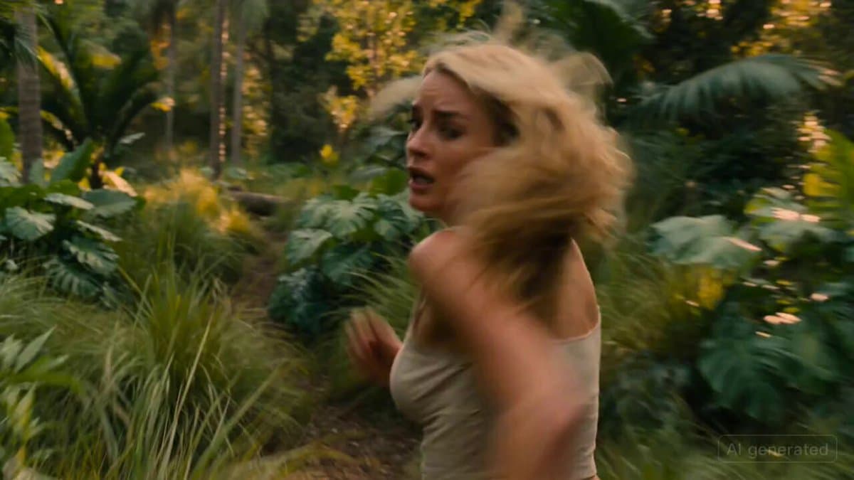 Cinematic Scene: Woman Running from a Lion in the Tropics preview