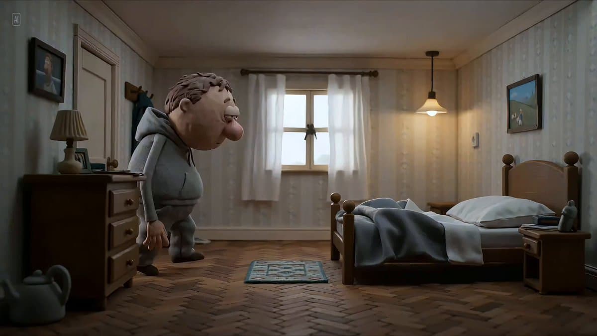 Hyperrealistic miniature diorama of a clay figure collapsing on a bed preview