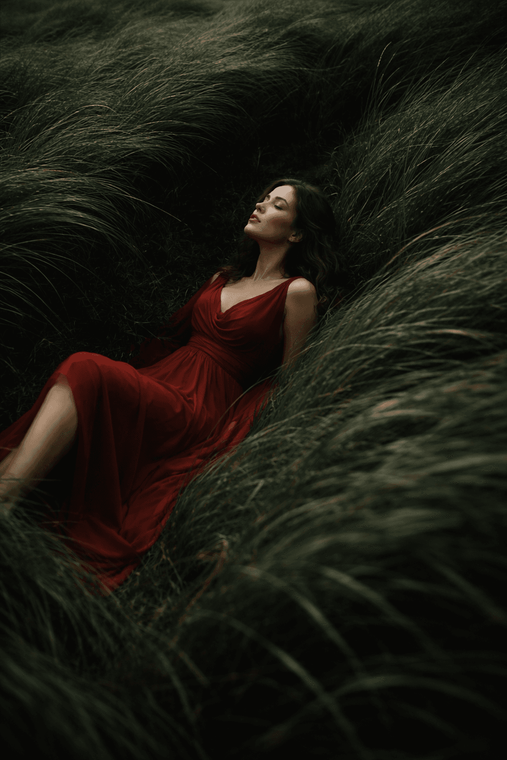 Cinematic Woman In A Flowing Deep Red Chiffon Dress preview