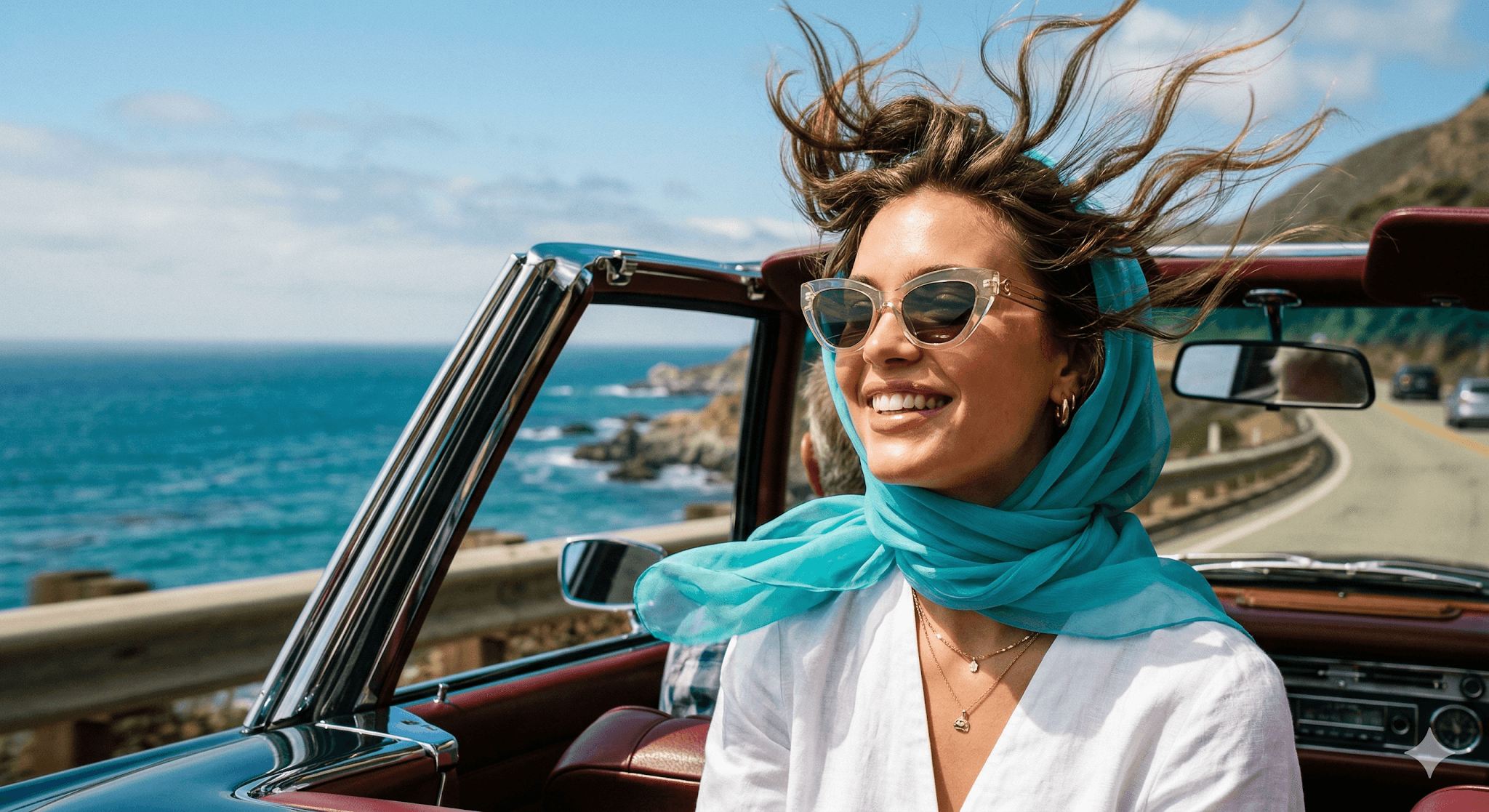 Editorial Chic Young Woman Riding In A Vintage Convertible preview