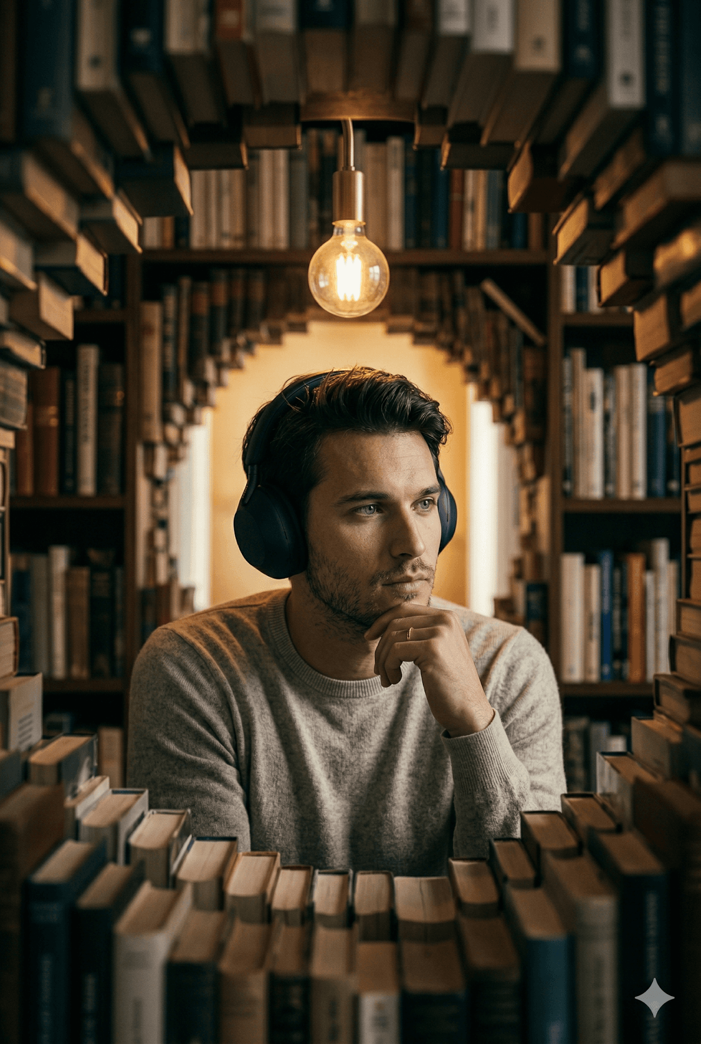 Cinematic Man Wearing Wireless Headphones And A Light... preview