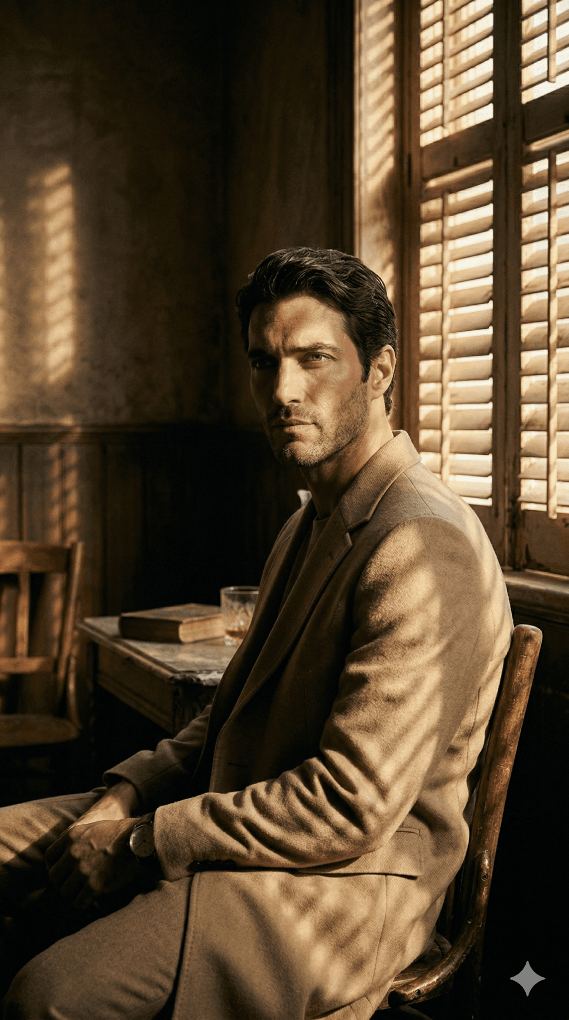 Cinematic Man Sitting On A Wooden Chair In A preview
