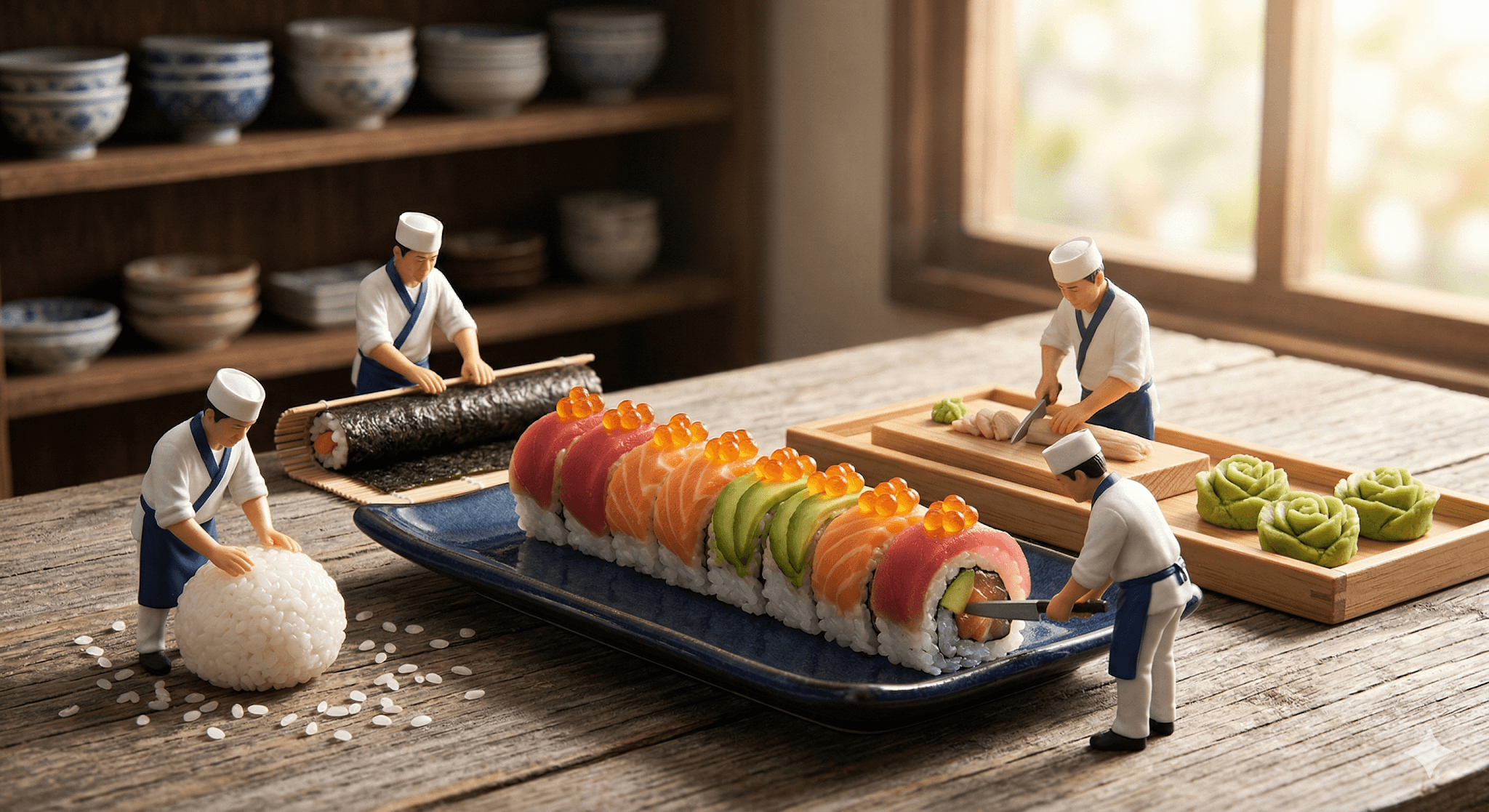 Macro Whimsical Miniature Sushi Kitchen In A Rustic Setting preview