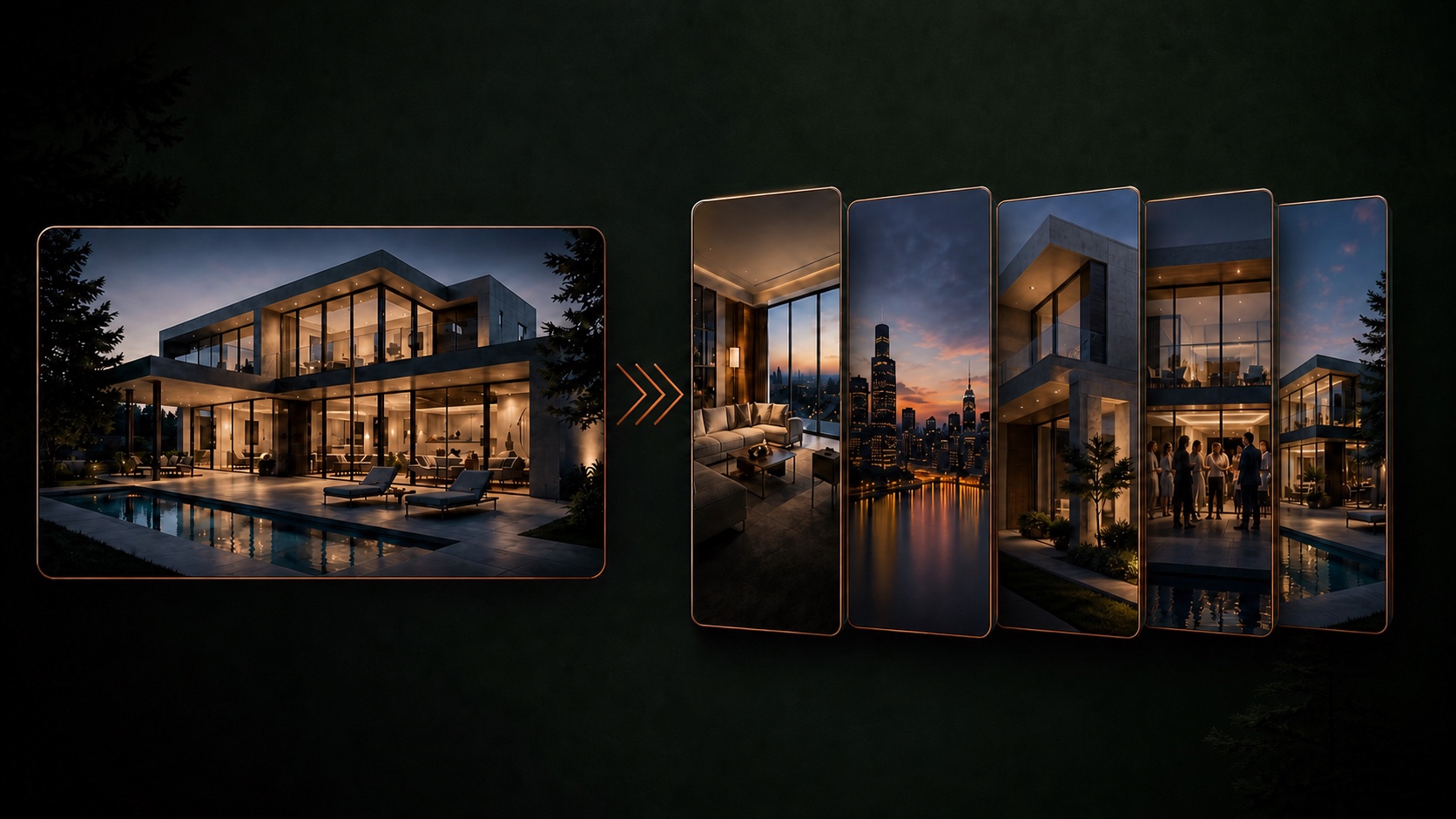 One luxury-property video branching into multiple visual campaign variations