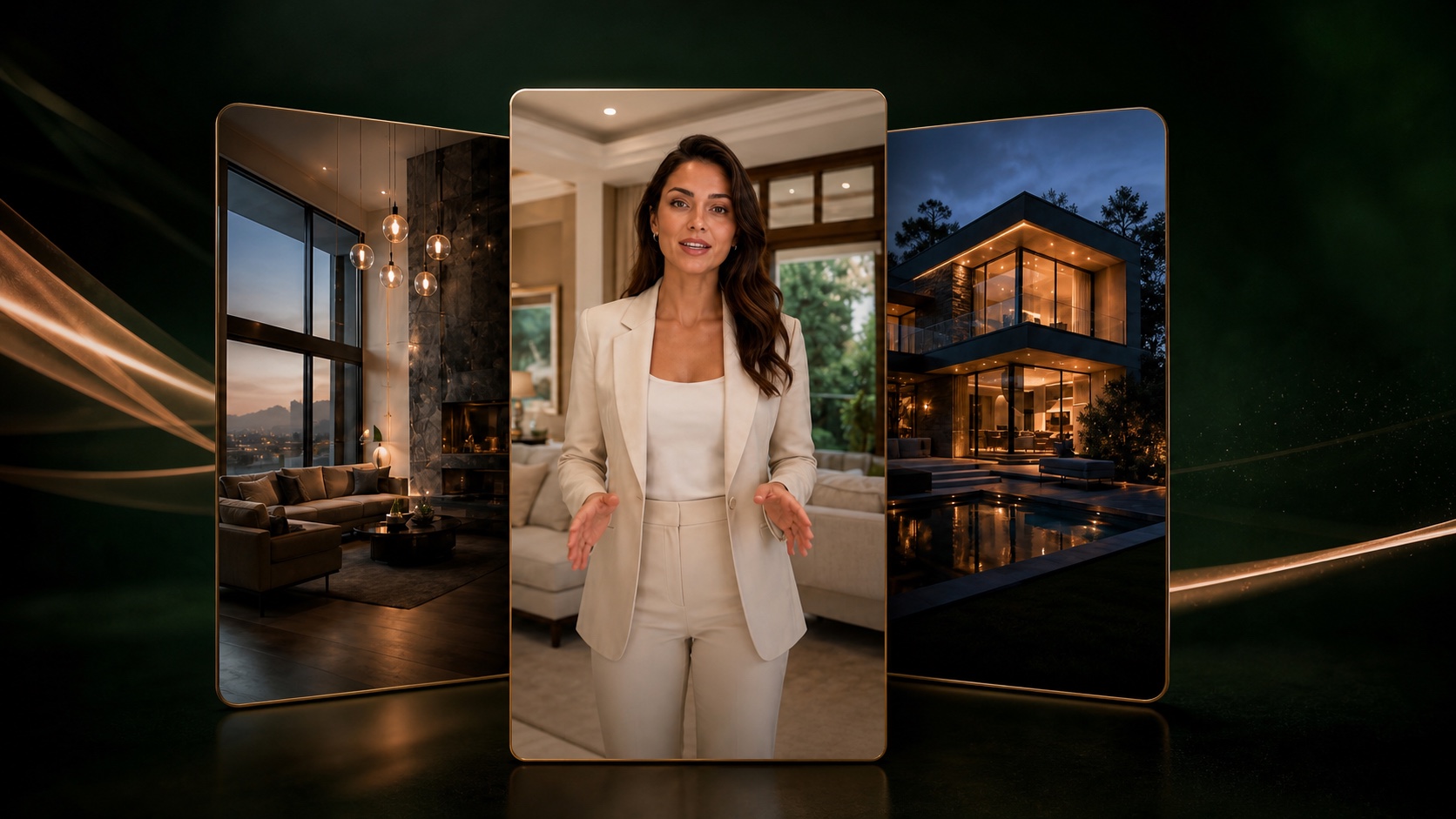A virtual property presenter framed by a luxury interior and a modern home exterior