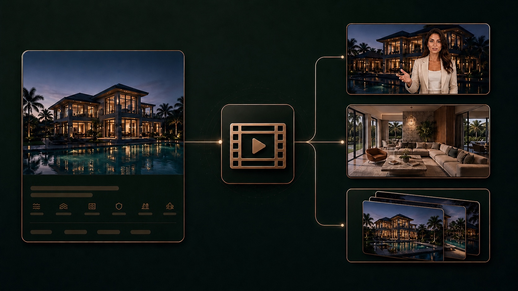 A luxury listing connected to virtual-agent, staging and property-ad video outputs