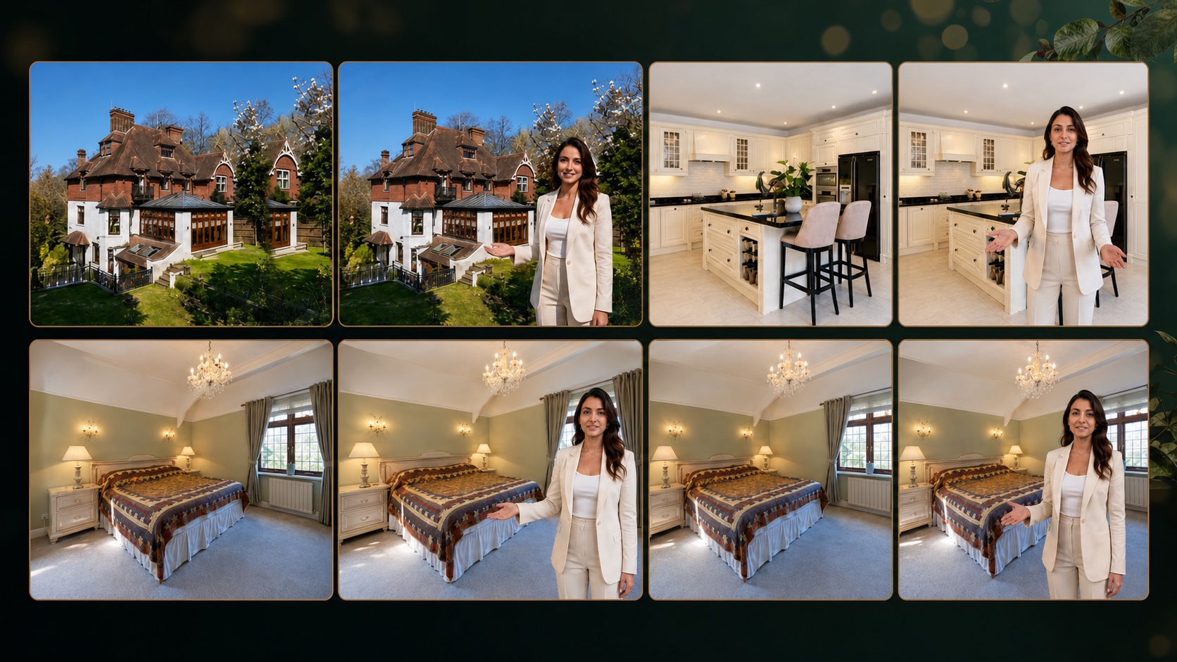 Property scenes shown before and after the addition of a consistent virtual presenter
