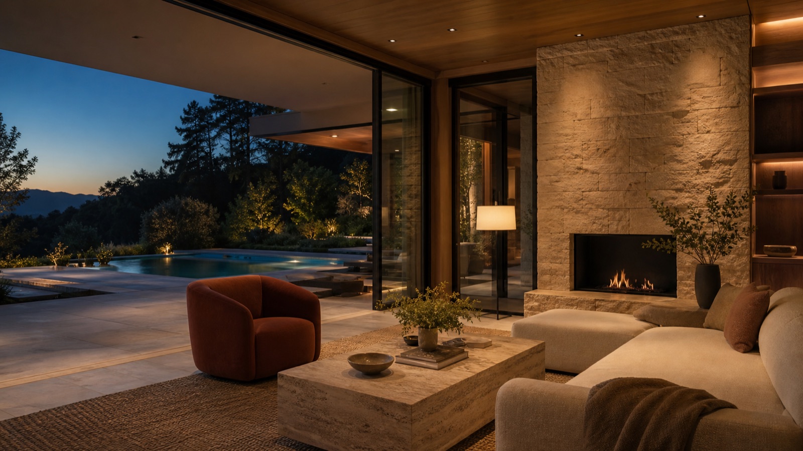 Cinematic view of a modern luxury living room opening onto a pool at blue hour